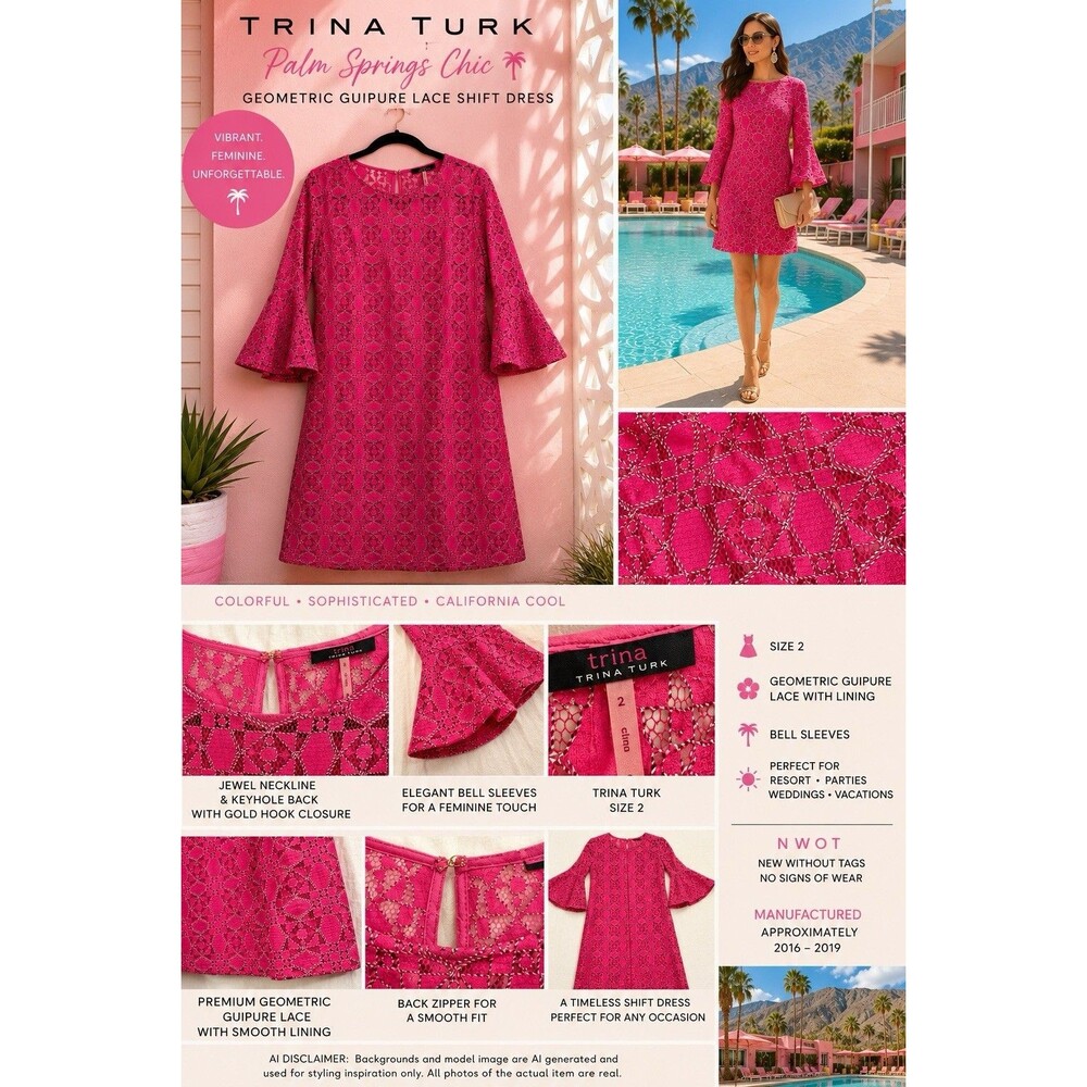 NWOT Trina Turk Pink Guipure Lace Shift Bell Sleeve Resort Retro Palm Springs 2